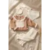 Kız Bebek Tarçın Dantel Yakalı Hastane Çıkışı ve Ekru Fitilli 5li Boho Set - %100 Yumuşak Pamuk