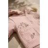 Bebek Pudra Fırfırlı Sincap Nakışlı 3lü Takım - Pamuklu Kapüşonlu Hırka, Body ve Ribana Pantolon Seti 3-12 Ay