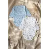 Astra Moonlight 2li Uzun Kollu Bebek Body Takımı - %100 Doğal Pamuk, Ay ve Yıldız Desenli Soft Mavi/Beyaz Zıbın Seti