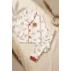 Milo Bear Bebek ve Çocuk Fitilli Pijama Takımı - Kırmızı Biyeli Ayıcık Baskılı Pamuklu Kaşkorse Takım