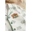 Milo Bear Bebek ve Çocuk Fitilli Pijama Takımı - Yeşil Biyeli Ayıcık Baskılı Pamuklu Kaşkorse Takım