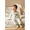 Milo Bear Bebek ve Çocuk Fitilli Pijama Takımı - Yeşil Biyeli Ayıcık Baskılı Pamuklu Kaşkorse Takım