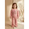 Kız Çocuk Kind Nature Baskılı Fırfır Detaylı Pembe Eşofman Takımı - Pamuklu Rahat Kesim İki İplik Set