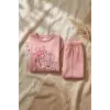 Kız Çocuk Kind Nature Baskılı Fırfır Detaylı Pembe Eşofman Takımı - Pamuklu Rahat Kesim İki İplik Set