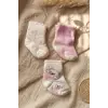 Pamuklu, Fırfırlı ve Ayıcık Nakışlı 3lü Kız Bebek Çorap Seti 0-6 Ay- Pudra Pembe & Beyaz