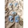 Lüks Bebek Hediye Seti - 2 Çift Kristal Taşlı Fiyonklu Bebek Çorabı ve Bandana Seti - Mavi & Beyaz Özel Seri