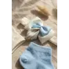 Lüks Bebek Hediye Seti - 2 Çift Kristal Taşlı Fiyonklu Bebek Çorabı ve Bandana Seti - Mavi & Beyaz Özel Seri