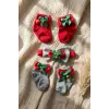 Merry Bells 3lü Yılbaşı Bebek Seti - Kırmızı ve Gri Fiyonklu Çıngıraklı Çorap & Fiyonk Kombini - Yenidoğan ve Bebek Hediye Seti