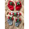 Merry Bells 3lü Yılbaşı Bebek Seti - Kırmızı ve Gri Fiyonklu Çıngıraklı Çorap & Fiyonk Kombini - Yenidoğan ve Bebek Hediye Seti
