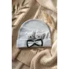 Teddy Charm Nakışlı ve Papyon Detaylı %100 Pamuklu Yumuşak Bebek Beresi - Gri Melanj Şık Bebek Aksesuarı