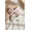 Lumina 2li Lüks Saten Fiyonk Bebek Bandana Seti - Ekru Pembe ve İnci Beyazı Yumuşak Elastik Saç Aksesuarı
