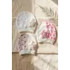 3lü % 100 Pamuklu Çiçek Aplikeli Kız Bebek Bere Şapka Seti- Kalp ve Çizgi Desenli Penye Bebek Şapkası 0-3 Ay