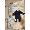 Premium %100 Pamuklu Panda Figürlü Bebek Tulum 3lü Set - Çene Korumalı Fermuarlı Yumuşak Doku
