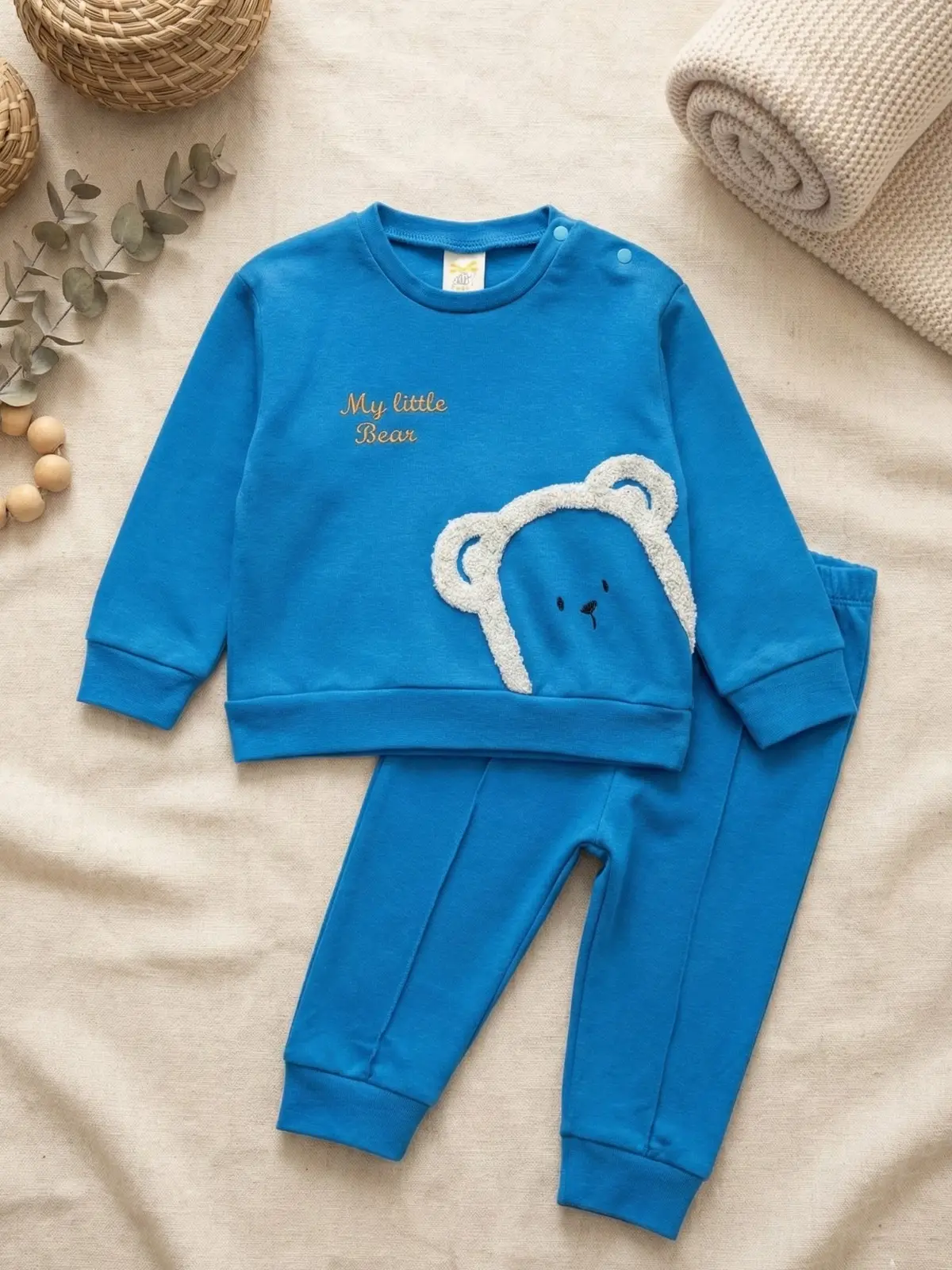 Ayıcık Nakışlı % 100 Pamuk 2li Erkek Bebek Takım