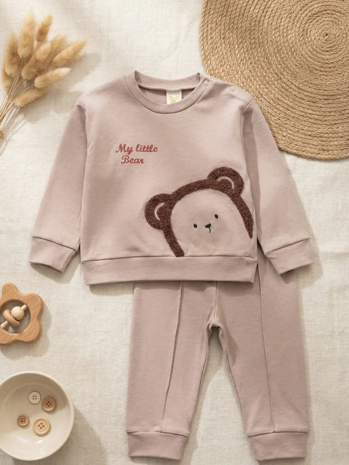 Ayıcık Nakışlı % 100 Pamuk 2li Erkek Bebek Takım