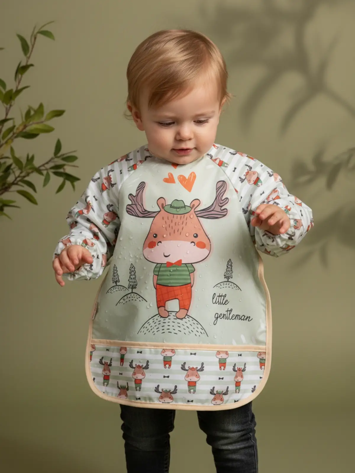Geyik Desenli Sıvı Geçirmez Uzun Kollu Unisex Bebek Mama ve Aktivite Önlüğü 6-24 Ay