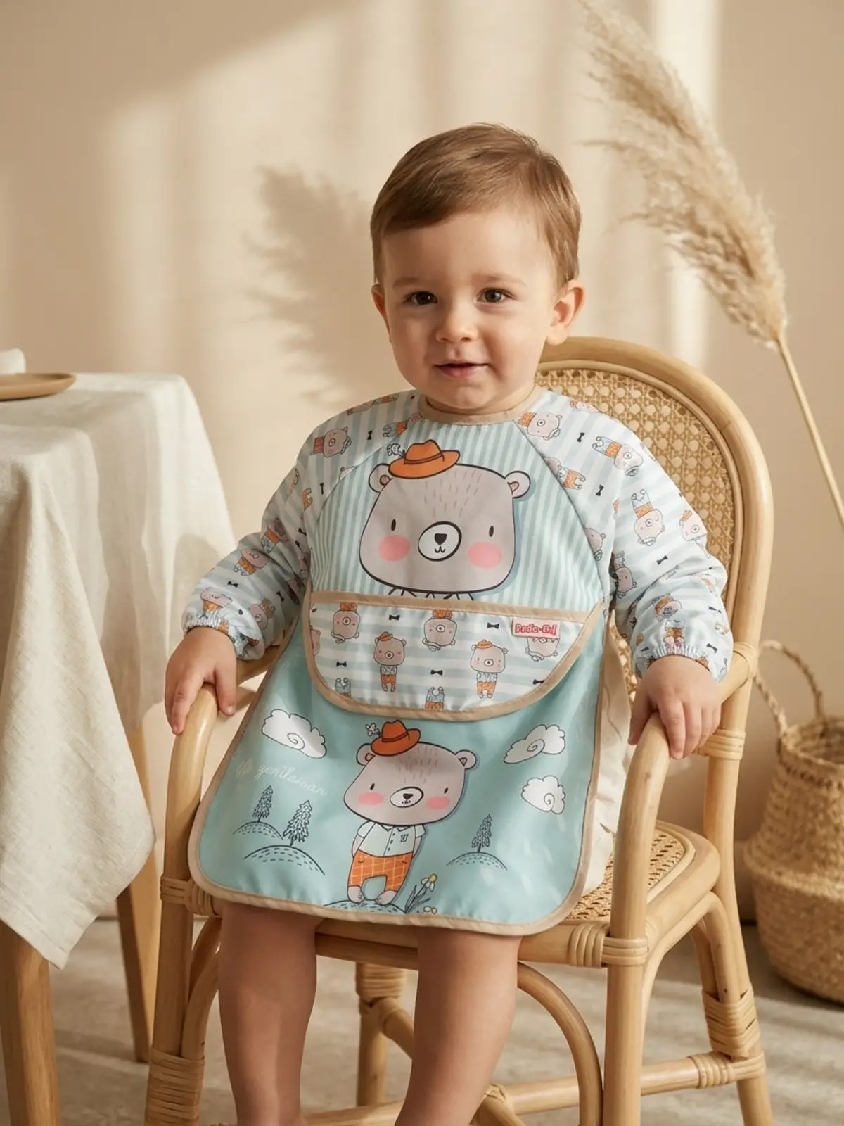 Little Gentleman Ayıcık Figürlü Uzun Kollu Bebek Mama Önlüğü - Sıvı Geçirmez, Leke Tutmaz ve Cepli Beslenme Önlüğü 6-24 Ay