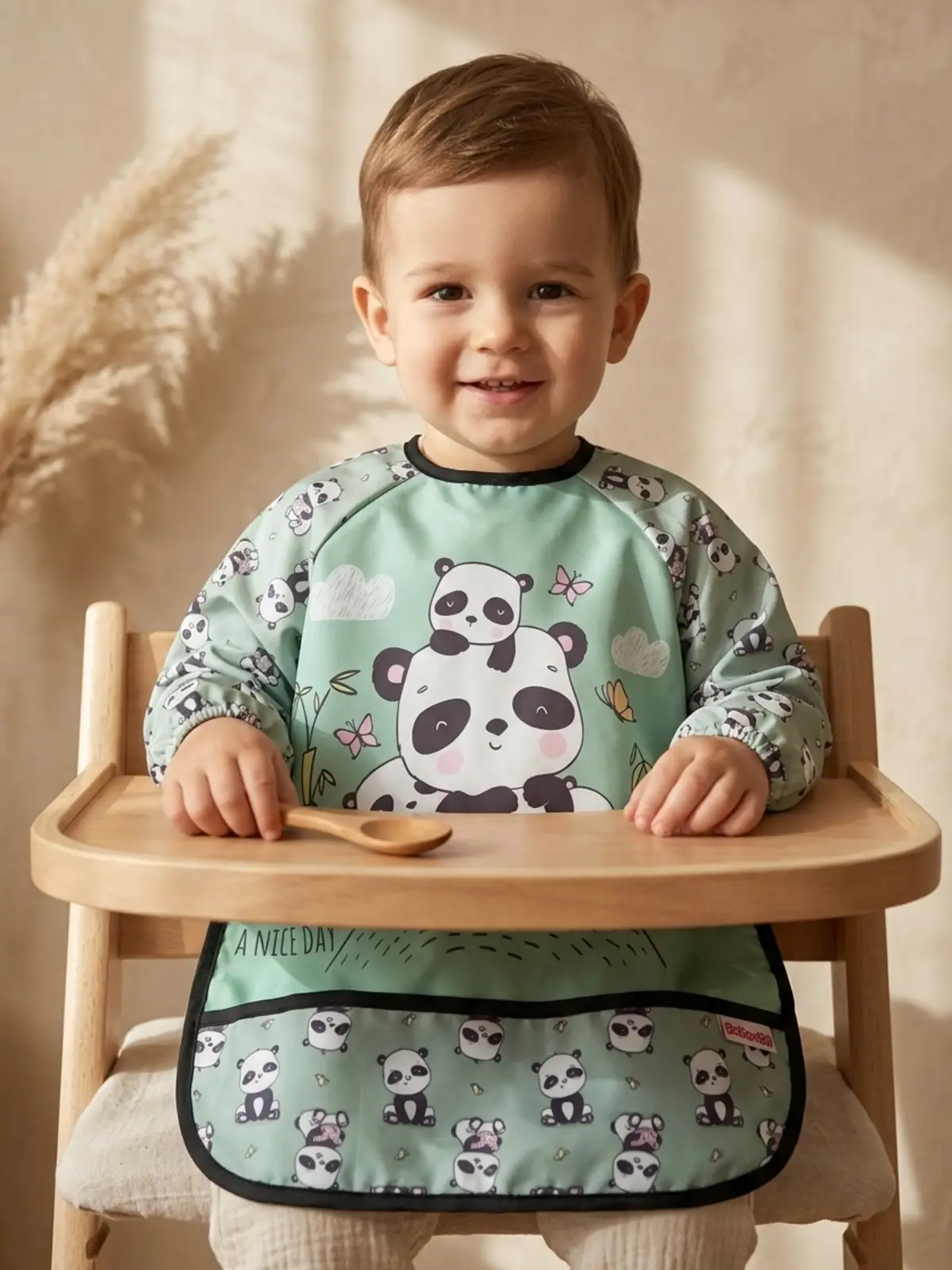 Panda Desenli Sıvı Geçirmez Kollu Mama Önlüğü 6-24 Ay - BLW Uyumlu, Leke Tutmayan Bebek Etkinlik Önlüğü