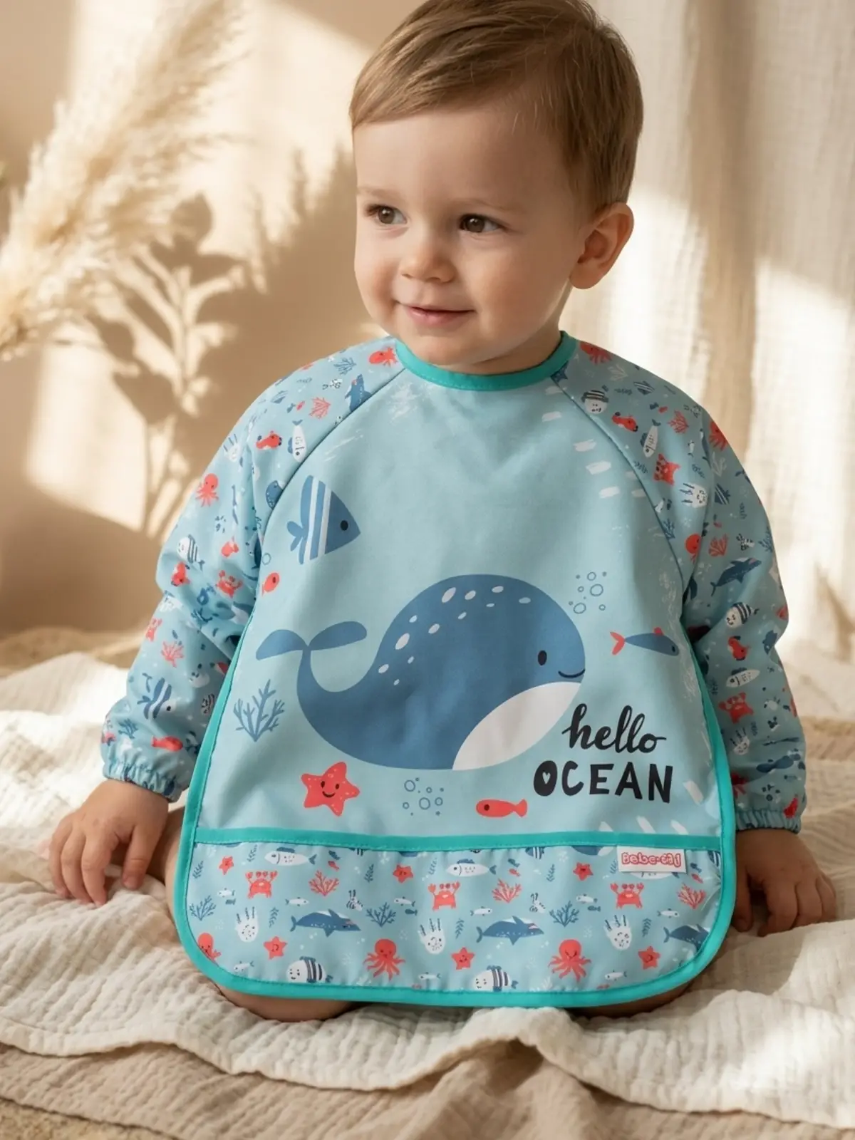 Marino Ocean Leke Tutmaz Sıvı Geçirmez Uzun Kollu Bebek Mama Önlüğü - Mavi Balina Desenli BLW ve Faaliyet Önlüğü 6-24 Ay