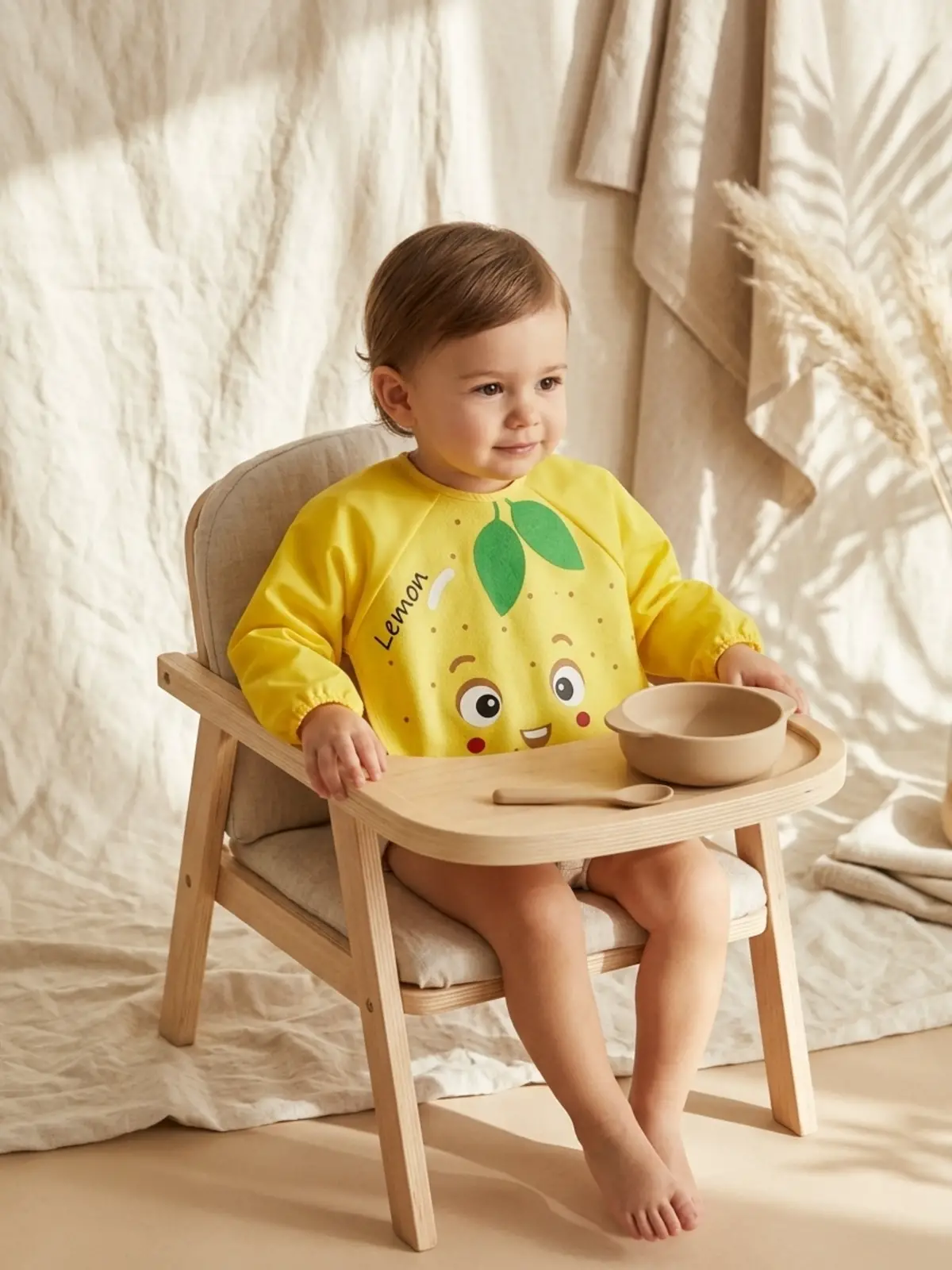 Sıvı Geçirmez Uzun Kollu Bebek Mama Önlüğü - Sevimli Limon Figürlü, BLW Uyumlu Leke Tutmaz Aktivite Önlüğü 6-24 Ay