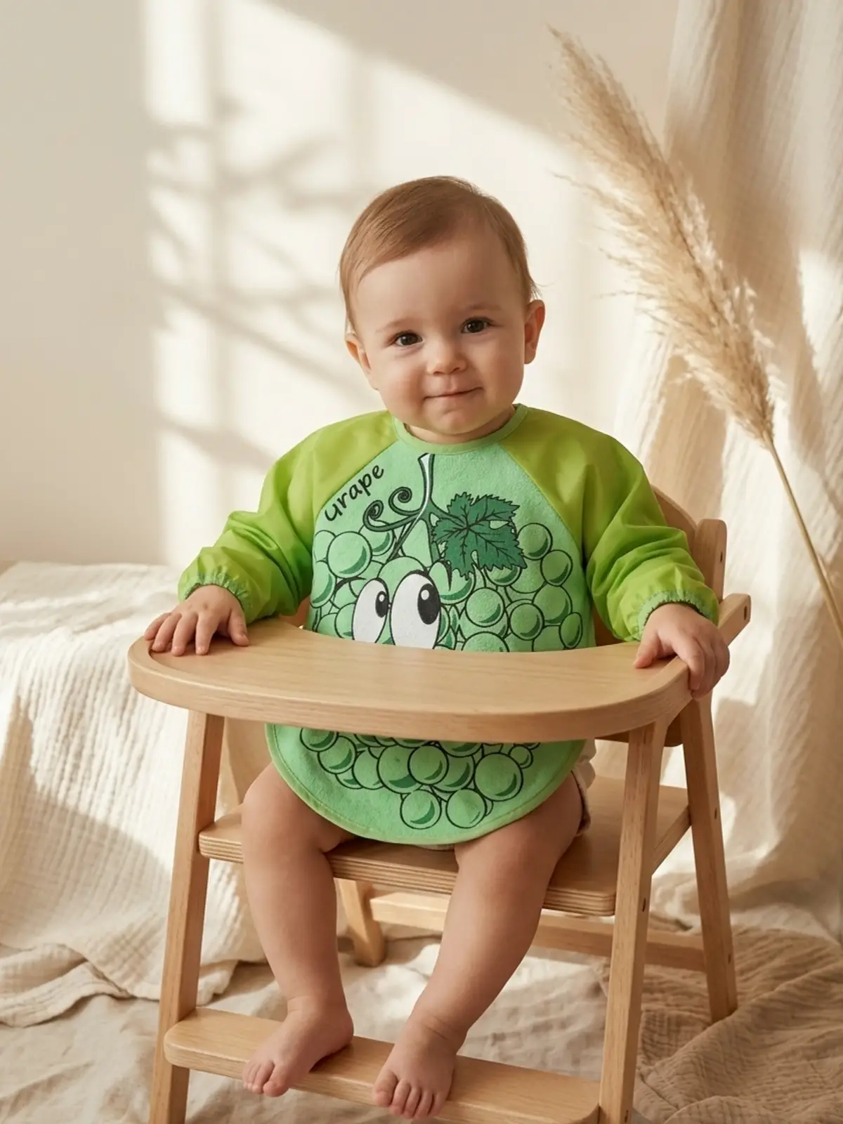 BerryJoy Unisex Yeşil Üzüm Karakterli Su Geçirmez Uzun Kollu Bebek BLW Mama Önlüğü ve Aktivite Smock 6-24 Ay