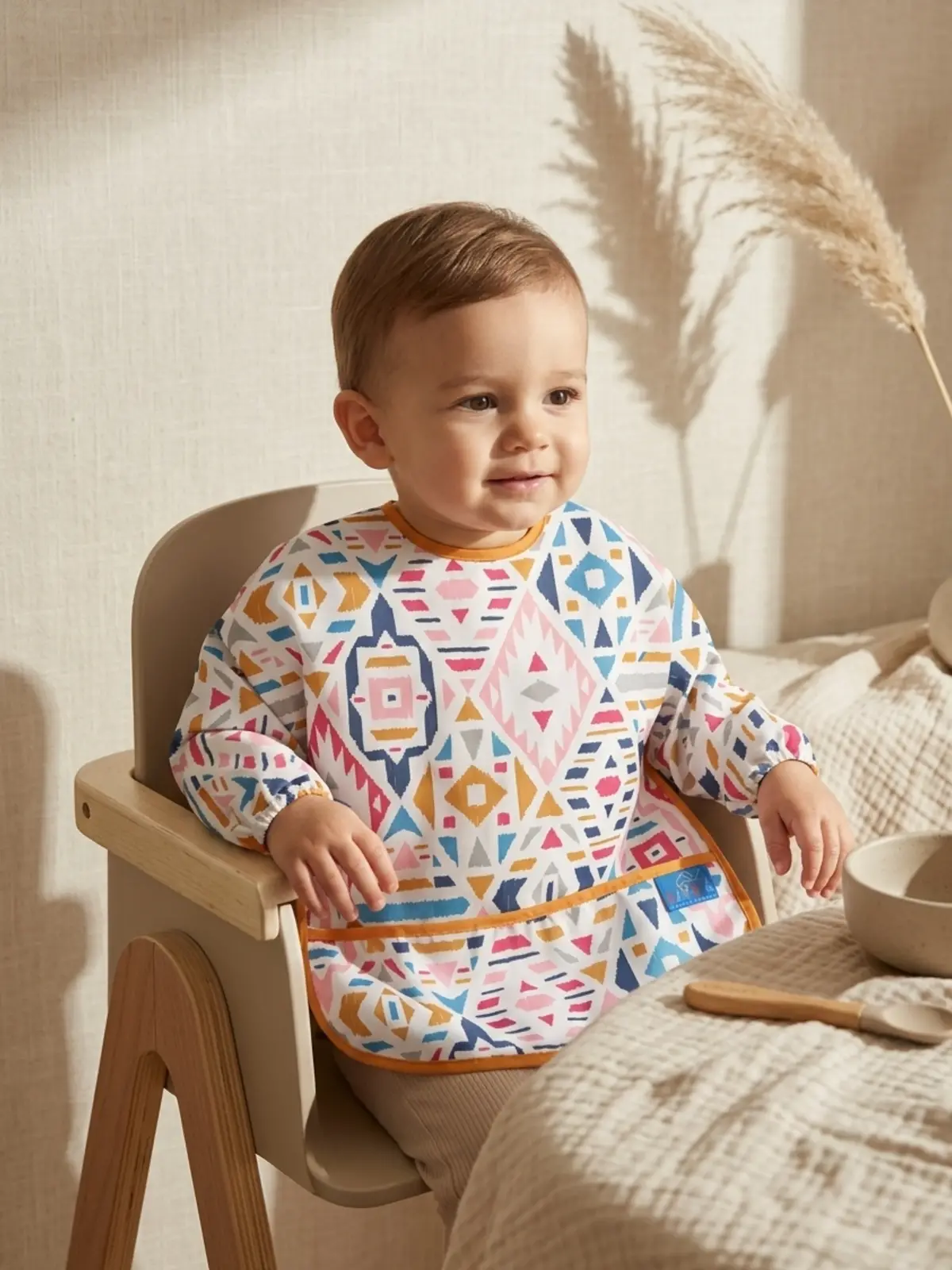 Boho Dream Etnik Desenli Sıvı Geçirmez Uzun Kollu Bebek Mama Önlüğü - BLW Uyumlu Kırıntı Cepli Mama Koruyucu 6-24 Ay