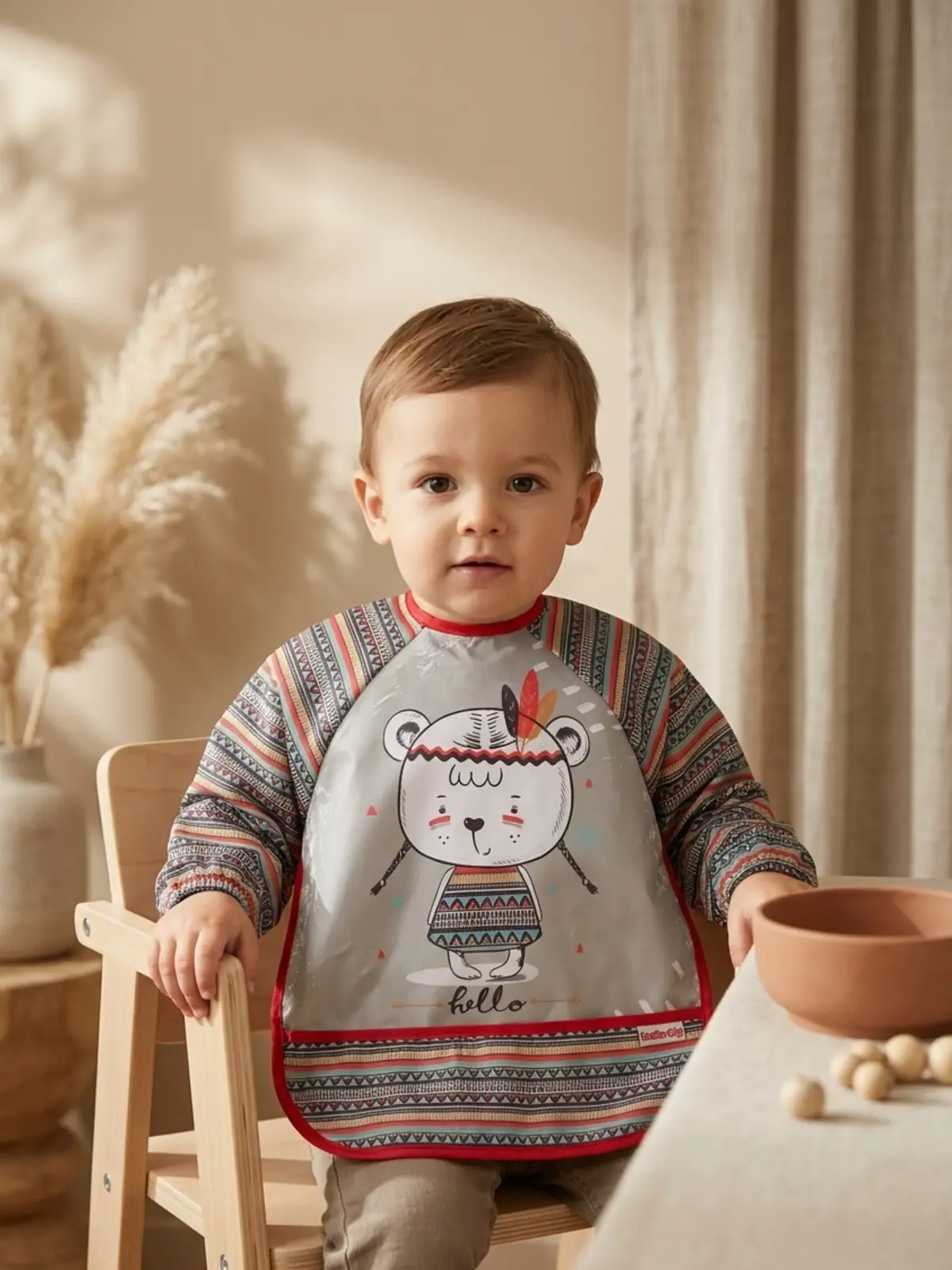 Tribal Bear Serisi Sıvı Geçirmez Uzun Kollu Bebek Mama ve Etkinlik Önlüğü - Boho Tasarım Kırıntı Cepli Smock 6-24 Ay