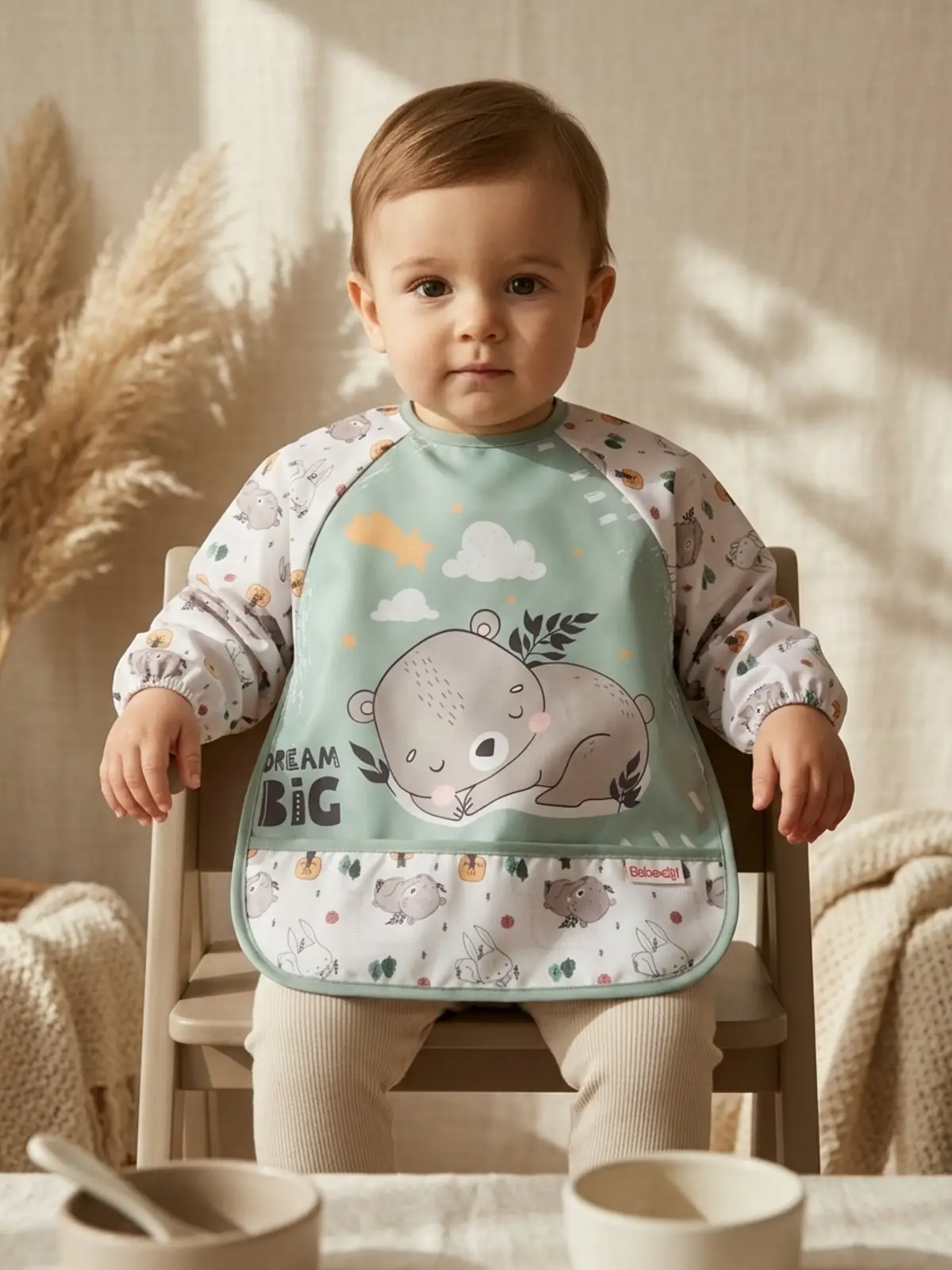TinyBear Dream Big Su Geçirmez Uzun Kollu Mama Önlüğü - Mint Yeşili BLW Uyumlu Bebek Ek Gıda Önlüğü 6-24 Ay