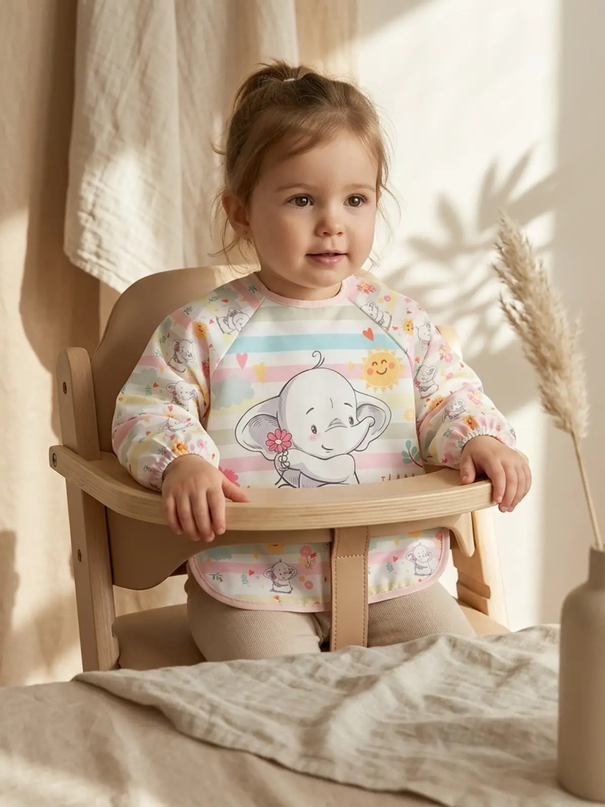 Little Dreamer Su Geçirmez Uzun Kollu Bebek Mama Önlüğü - Sevimli Fil Desenli Sıvı Geçirmez Aktivite ve Yemek Önlüğü 6-24 Ay