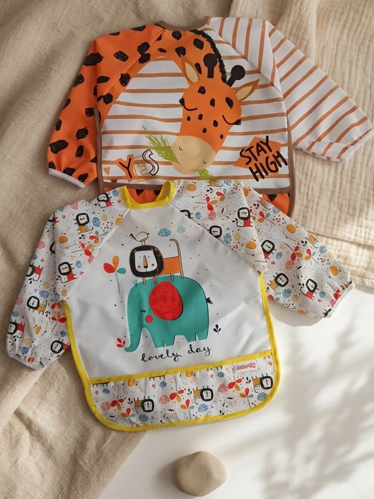 Safari Serisi 2li Paket Sıvı Geçirmez Kollu Bebek Mama Önlüğü - Ek Gıda BLW Başlangıç Seti - Leke Tutmaz Lüks Tasarım 6-24 Ay