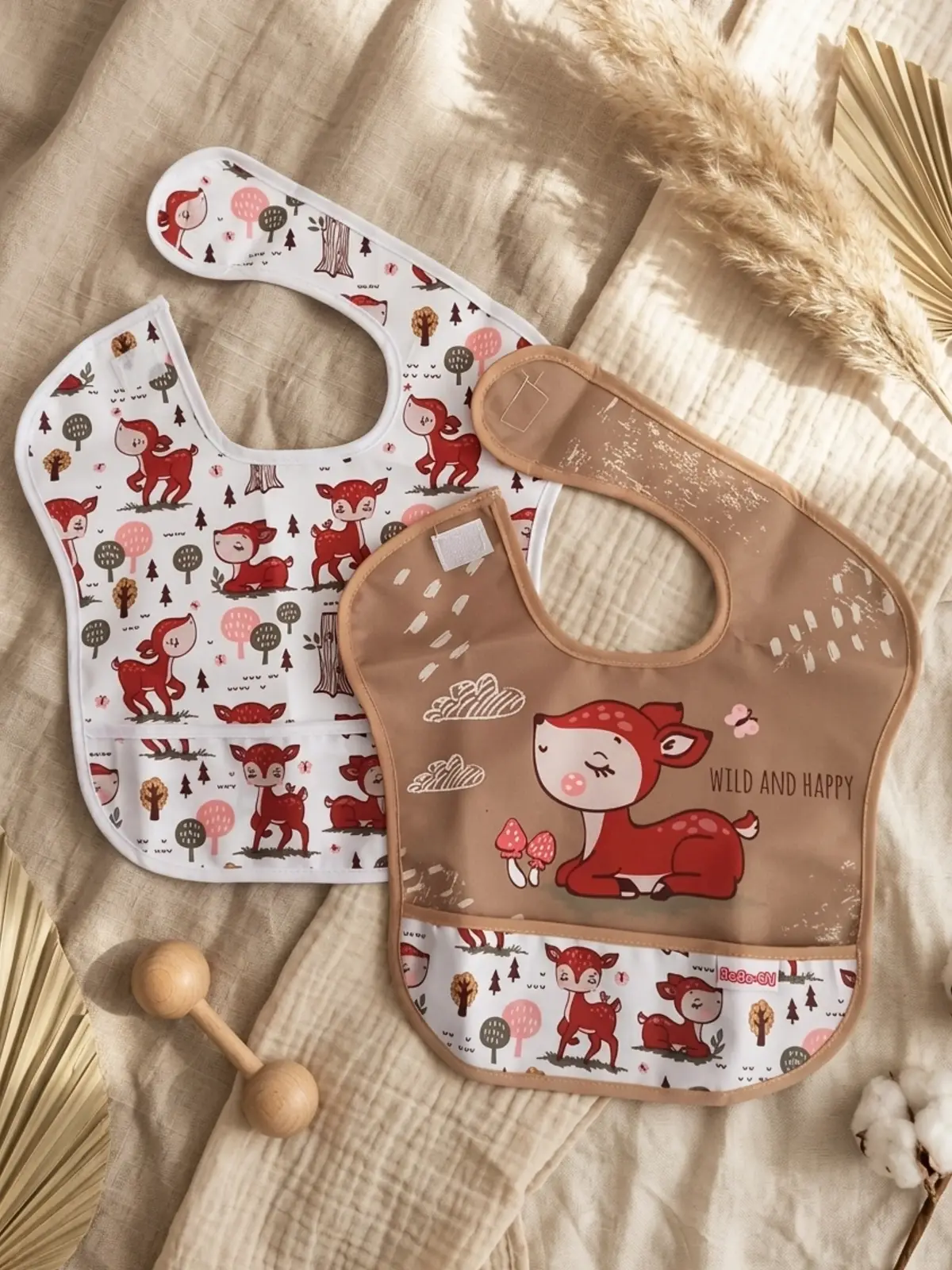 Bambi Serisi 2li Sıvı Geçirmez Cepli Bebek Mama Önlüğü - Orman Temalı Leke Tutmaz Ayarlanabilir Cırtlı Set 0-12 Ay