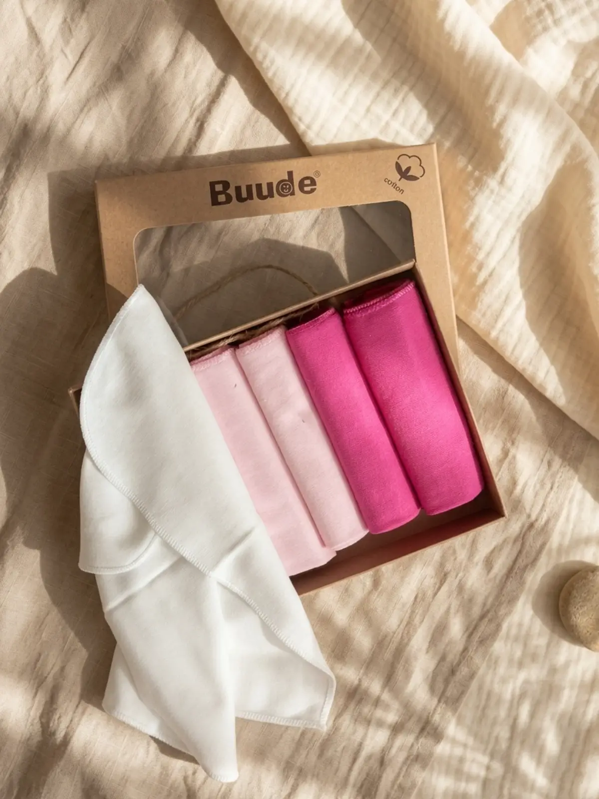 Buude %100 Pamuklu 6lı Bebek Ağız Mendili ve Kurulama Bezi Seti - Pembe Geçişli Hediyelik Kutu