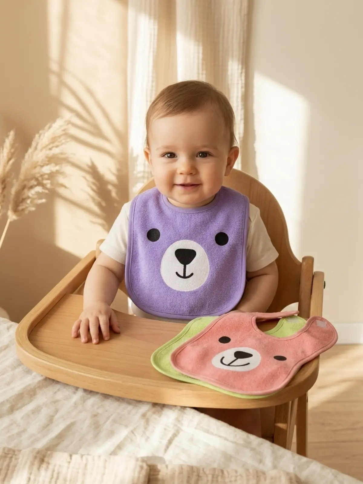 Teddy Bloom 3lü Paket Ayıcık Figürlü Yumuşak Havlu Bebek Mama Önlüğü Seti - Sıvı Emici ve Cilt Dostu 0-12 Ay