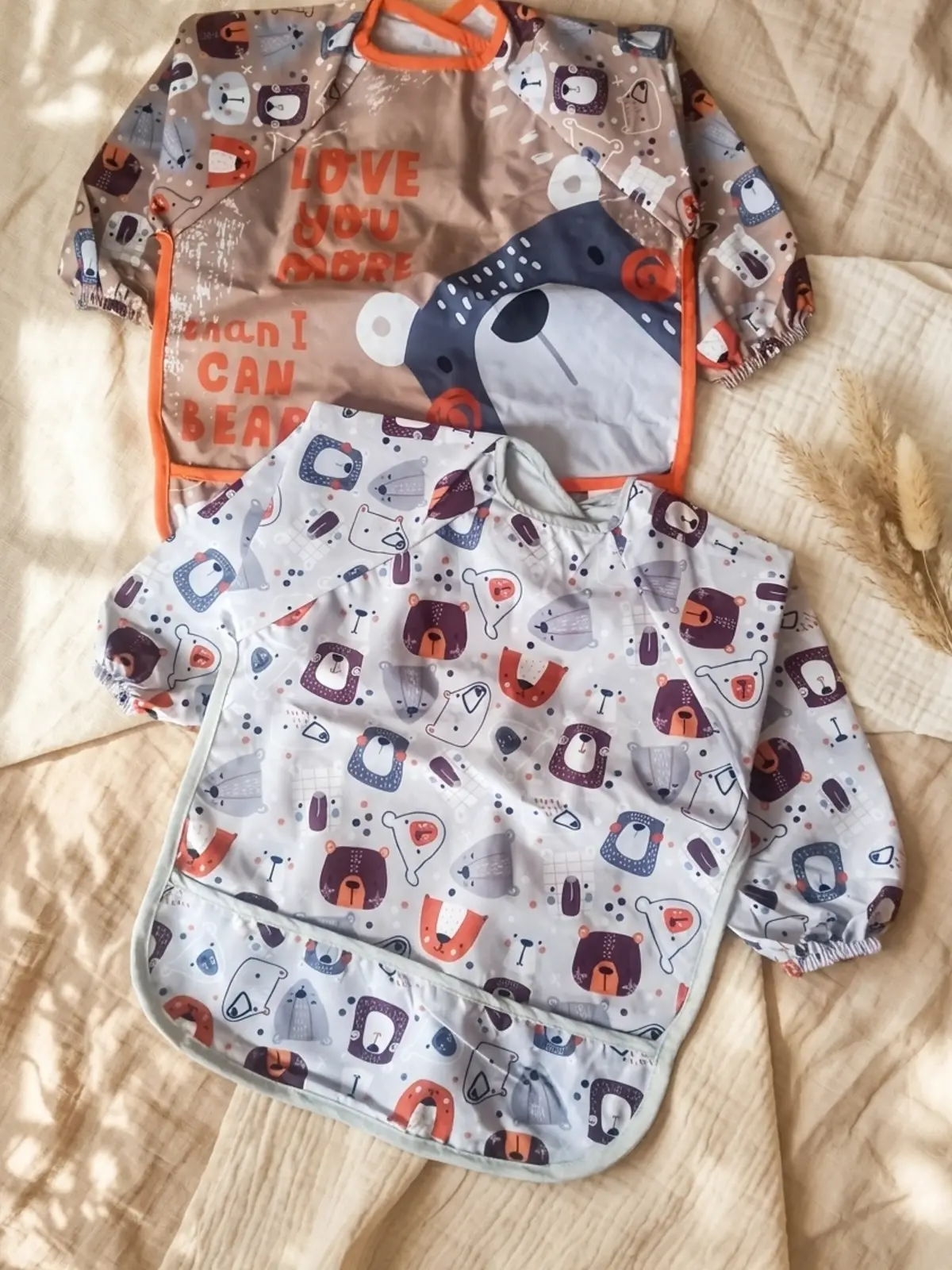 Bubu Bear 2li Set Uzun Kollu Su Geçirmez Bebek Mama Önlüğü - Ayıcık Desenli Leke Tutmaz BLW ve Aktivite Önlüğü 6-24 Ay