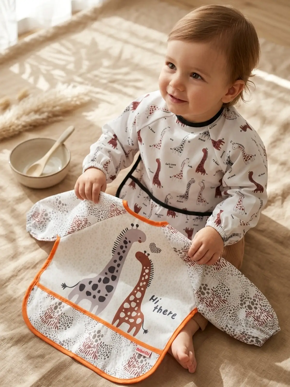 Gira-Joy 2li Uzun Kollu Sıvı Geçirmez Bebek Mama ve Etkinlik Önlüğü - Sevimli Zürafa Desenli, Leke Tutmaz, BLW Uyumlu