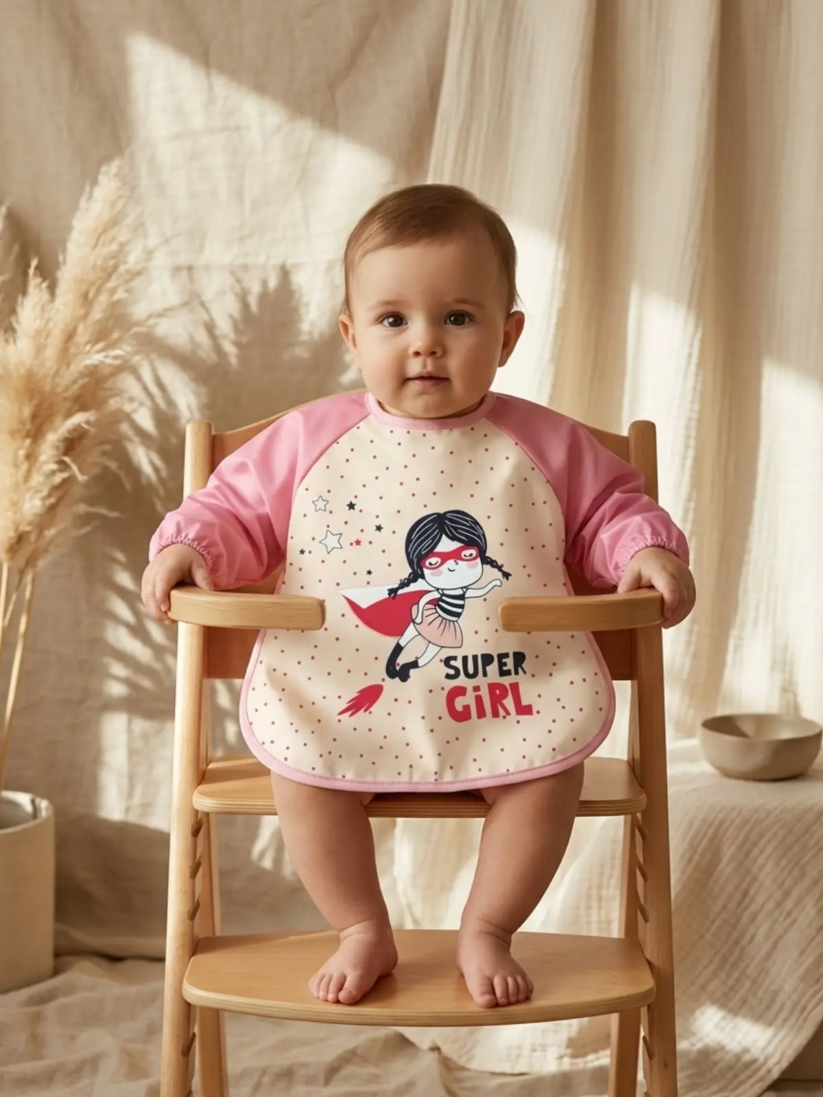 Super Girl Desenli Sıvı Geçirmez Uzun Kollu Bebek Mama ve Aktivite Önlüğü - Pembe Puantiyeli BLW Uyumlu 6-18 Ay