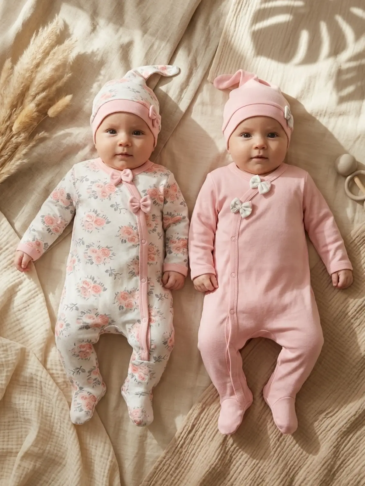 Çiçek Desenli % 100 Pamuk Kız Bebek 4lü Tulum Takımı
