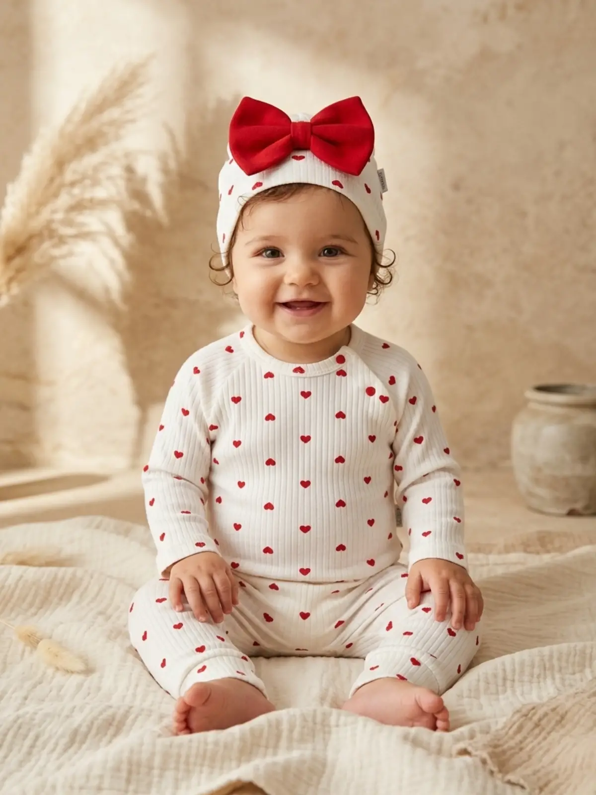 Amore Kalp %100 Pamuklu Ribana Kumaş Kalp Desenli 3lü Bebek Takımı - Zıbın, Pantolon ve Fiyonklu Bere Seti