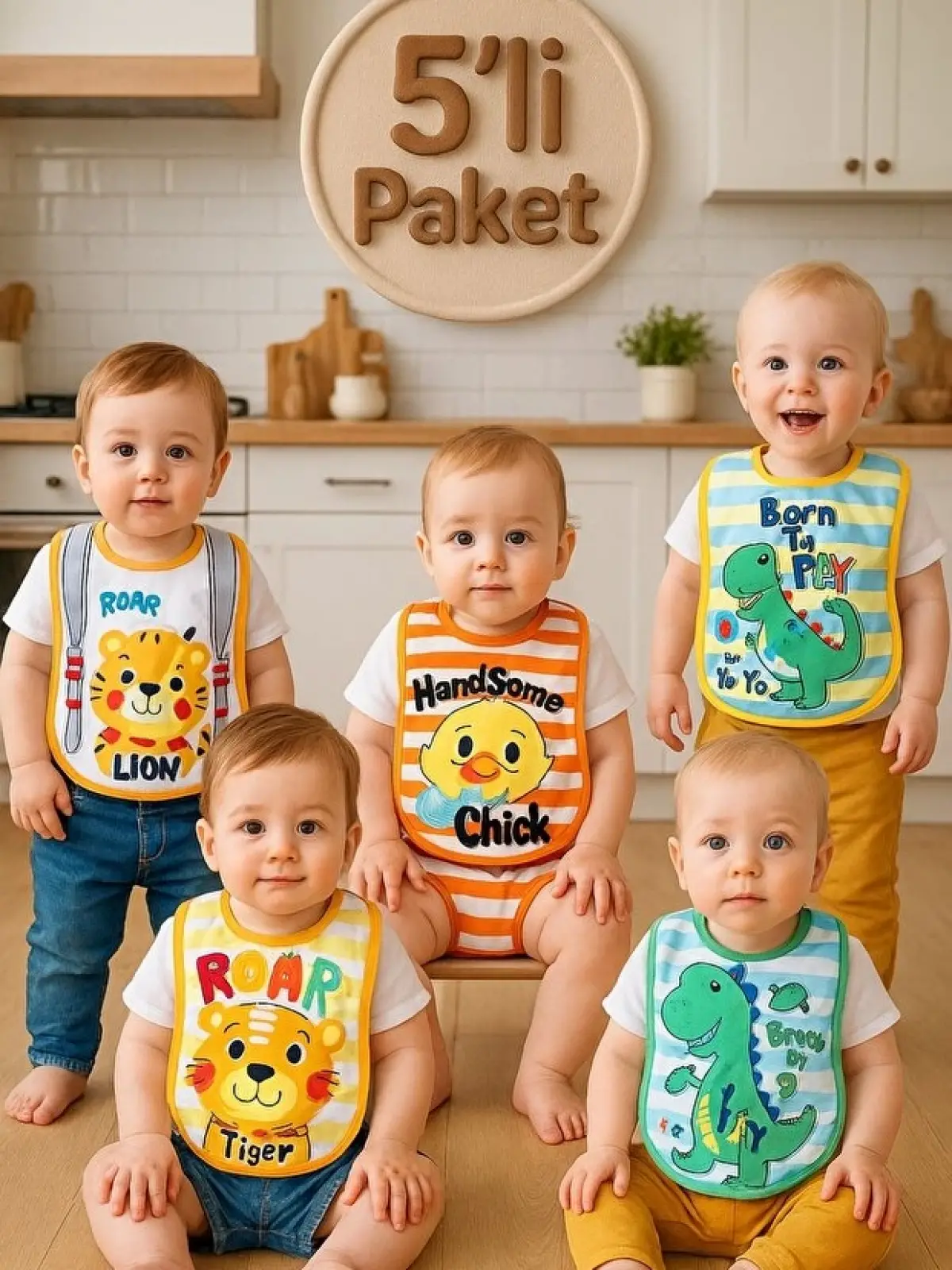 Little Explorer 5li Bebek Önlük Seti - Sıvı Geçirmez, Pamuklu, Hayvan Figürlü Eğlenceli Mama Önlüğü 0-12 Ay