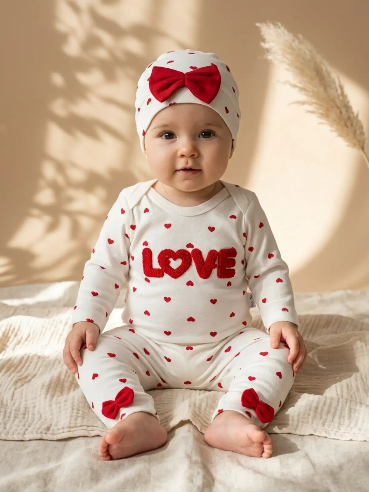 %100 Pamuklu Mia Love Kalp Desenli Fiyonk Detaylı 3lü Bebek Takımı - Kırmızı / Beyaz 3-9 Ay