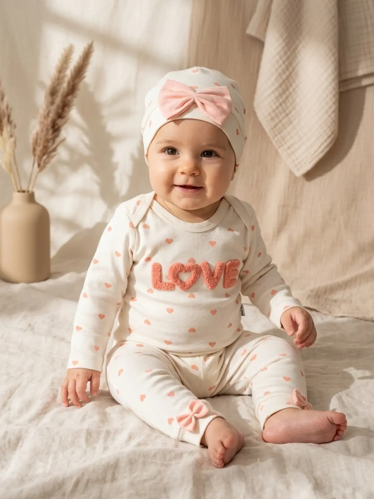 %100 Pamuklu Mia Love Kalp Desenli Fiyonk Detaylı 3lü Bebek Takımı - Somon /Beyaz 3-9 Ay