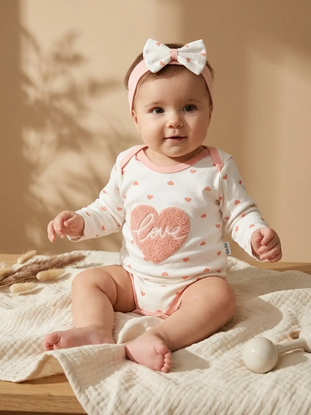 Aria Love Kız Bebek 3’lü Takım - %100 Pamuklu Kalp Desenli Zıbın, Alt ve Bandana Seti - Pudra 3-9 Ay