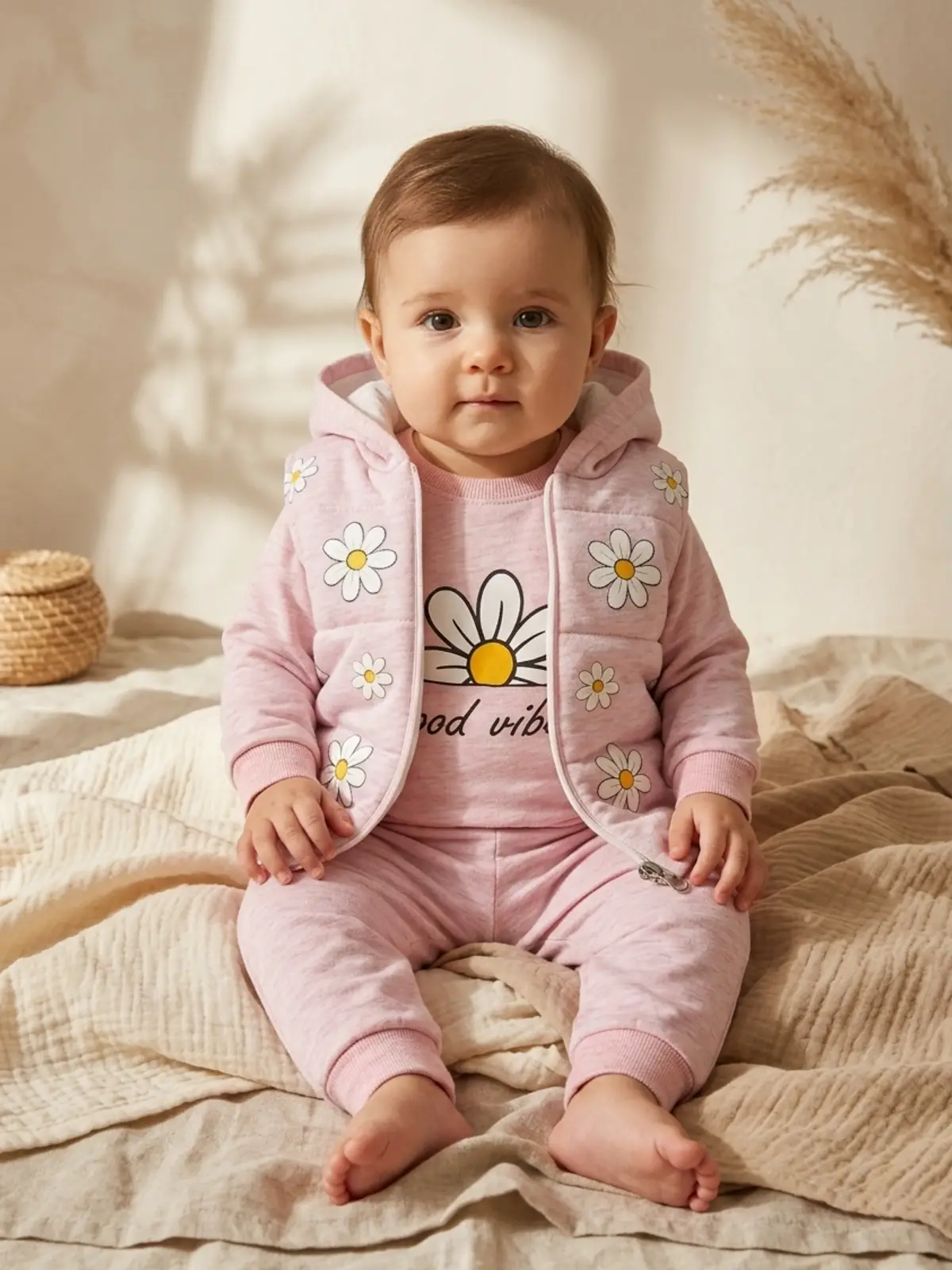 Kız Bebek Pembe Papatya Desenli 3lü Takım - Kapüşonlu Şişme Yelek, Sweatshirt ve Eşofman Altı Kombini