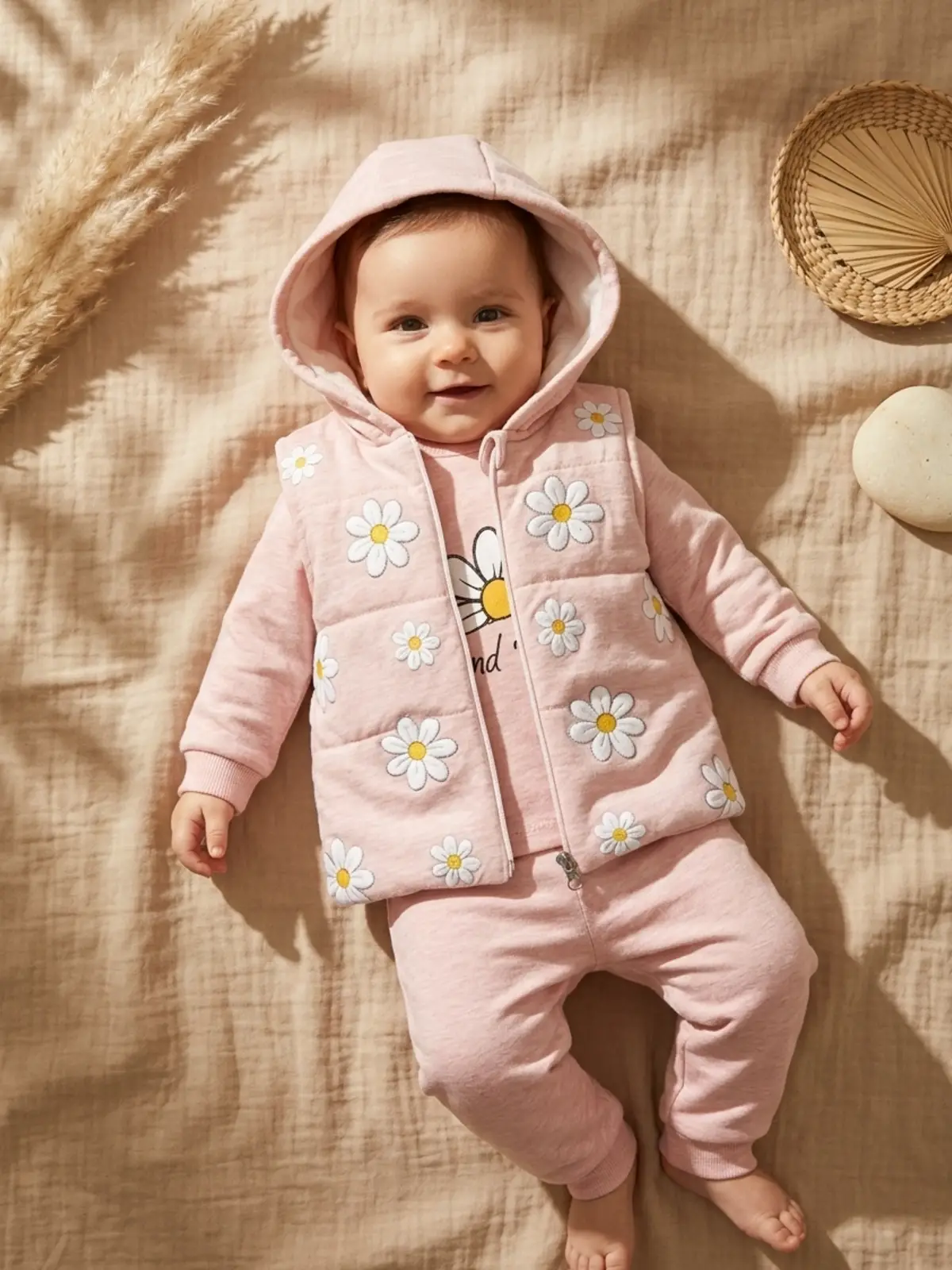 Kız Bebek Somon Papatya Desenli 3lü Takım - Kapüşonlu Şişme Yelek, Sweatshirt ve Eşofman Altı Kombini