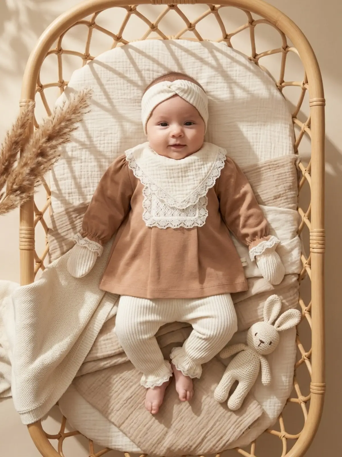 Kız Bebek Tarçın Dantel Yakalı Hastane Çıkışı ve Ekru Fitilli 5li Boho Set - %100 Yumuşak Pamuk