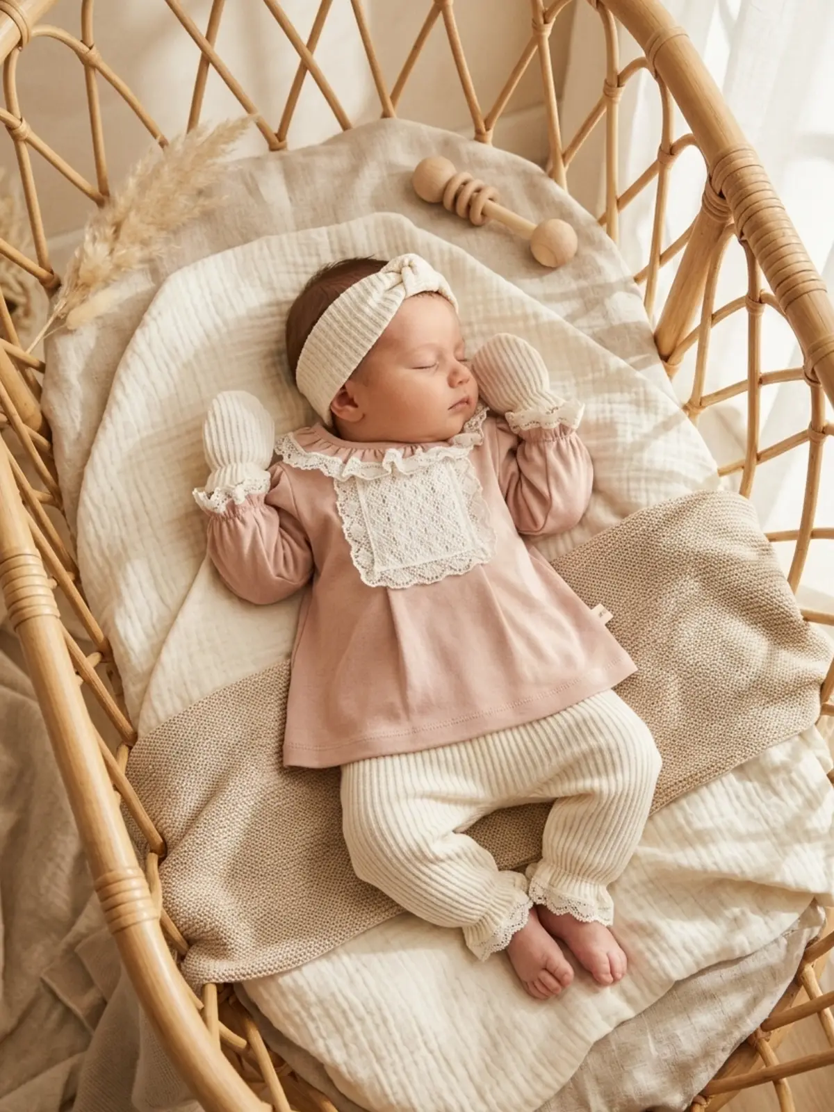 Kız Bebek Tarçın Dantel Yakalı Hastane Çıkışı ve Ekru Fitilli 5li Boho Set - %100 Yumuşak Pamuk