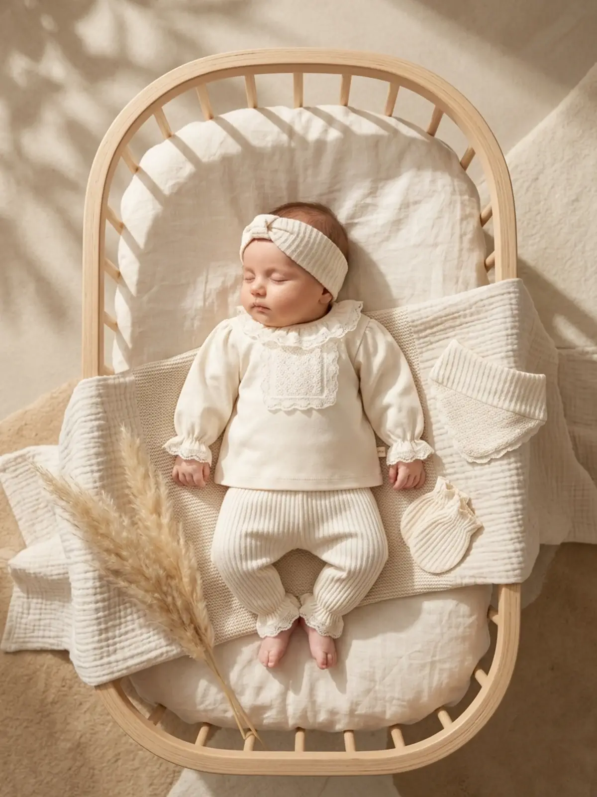 Kız Bebek Tarçın Dantel Yakalı Hastane Çıkışı ve Ekru Fitilli 5li Boho Set - %100 Yumuşak Pamuk