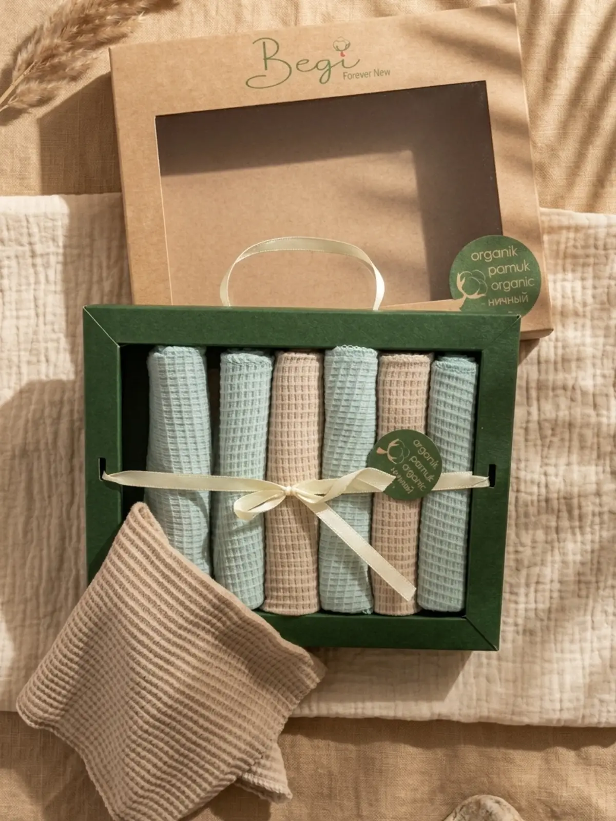 Begi Forever New 7li Organik Pamuk Müslin Ağız Bezi - Pastel Mint & Bej Waffle Dokulu Premium Hediye Kutulu