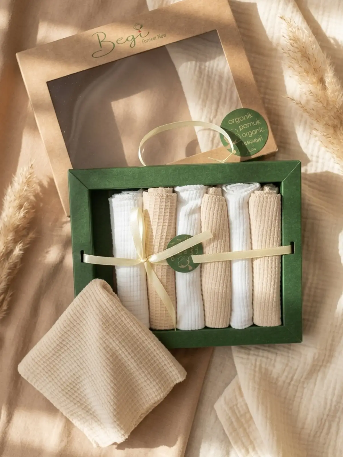 Begi Forever New 7li Organik Pamuk Müslin Ağız Bezi - Pastel Mint & Bej Waffle Dokulu Premium Hediye Kutulu
