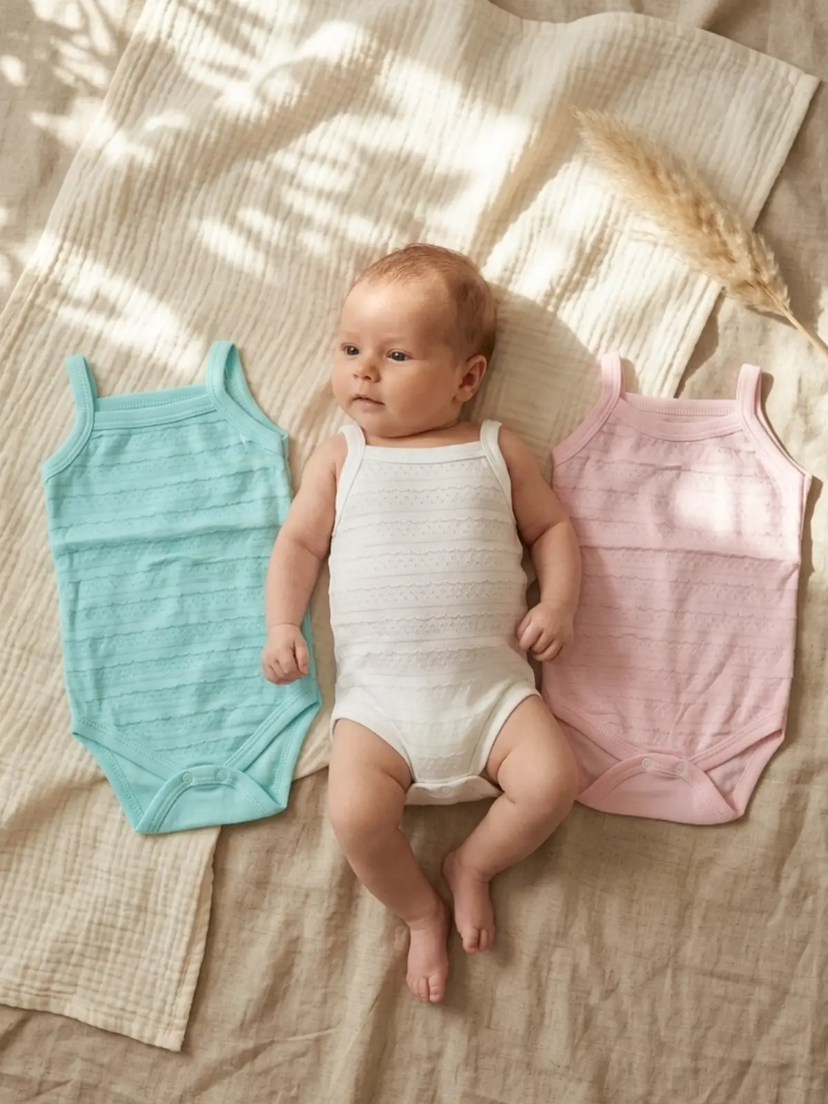 3lü Set Bebek Pamuklu İnce Askılı Body - Nefes Alan Jakarlı Dokulu Yazlık Zıbın Takımı (Pembe, Beyaz, Mint)